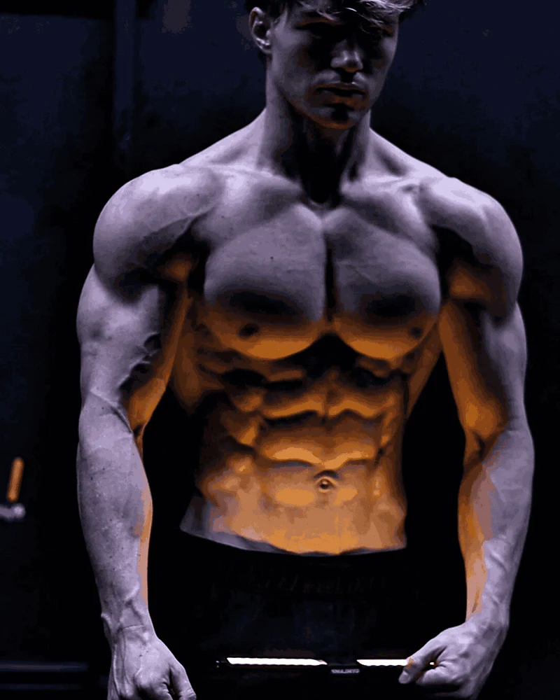 Lifter's torso carved by directional IRONLUME light in a dark gym
